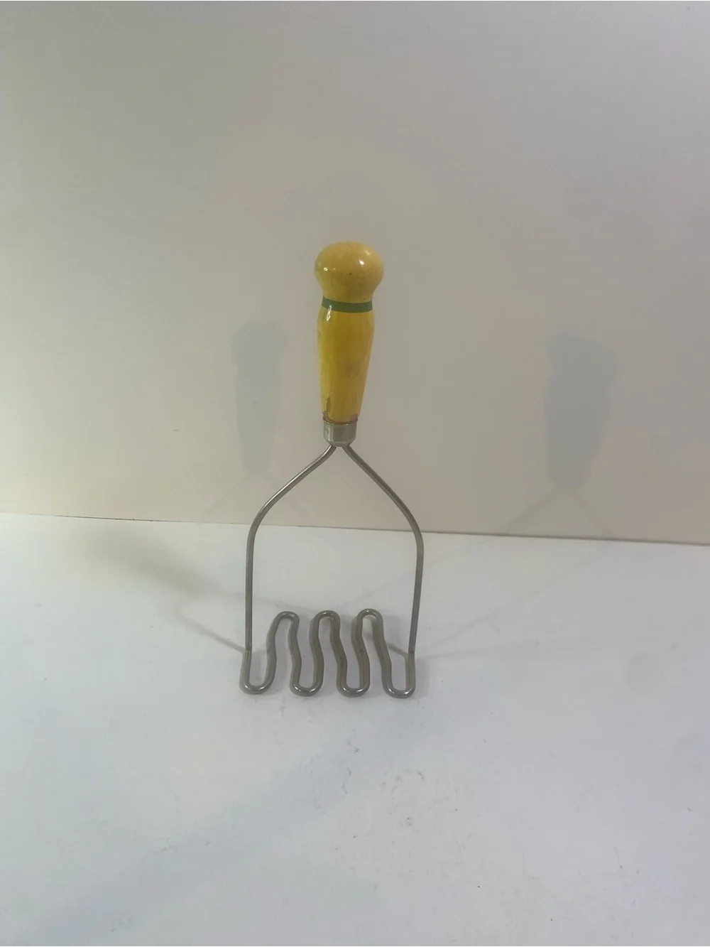Vintage Wooden Bright Yellow Handle Green Stripe Potato Masher